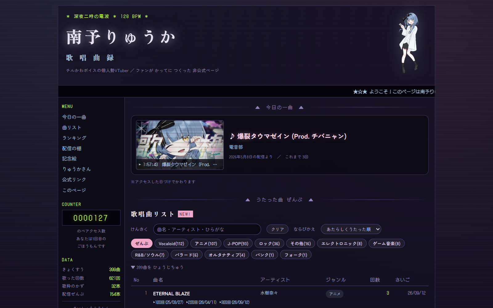 南予りゅうか 歌唱曲リストのサイト画面