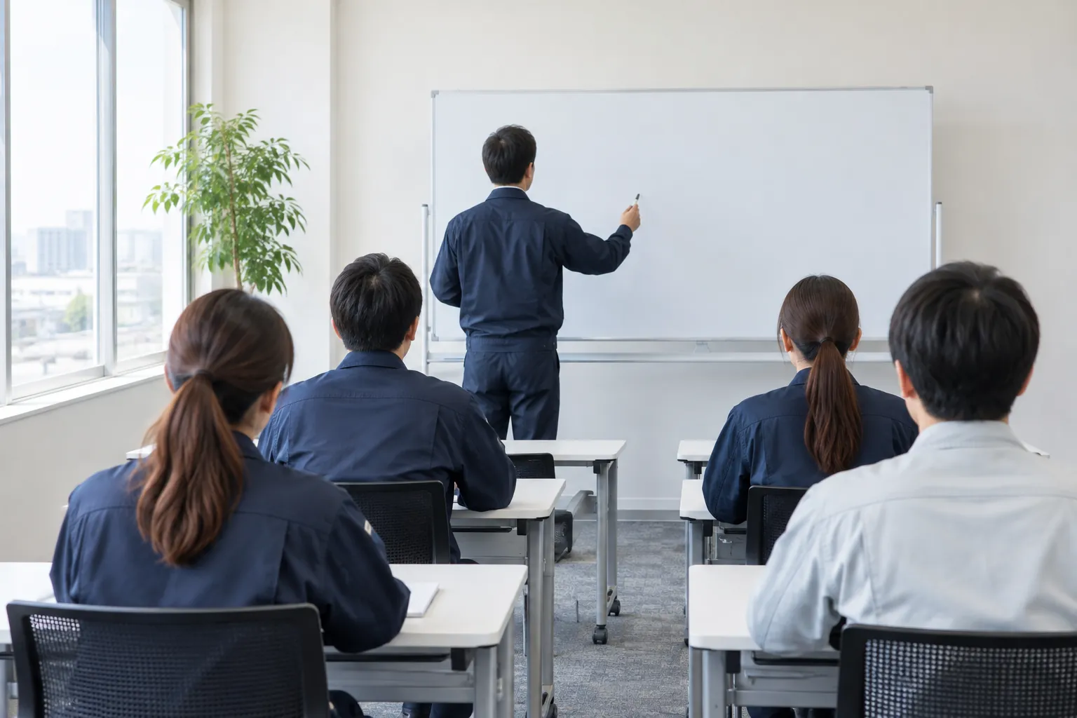 研修室で講師の話を聞く新入社員