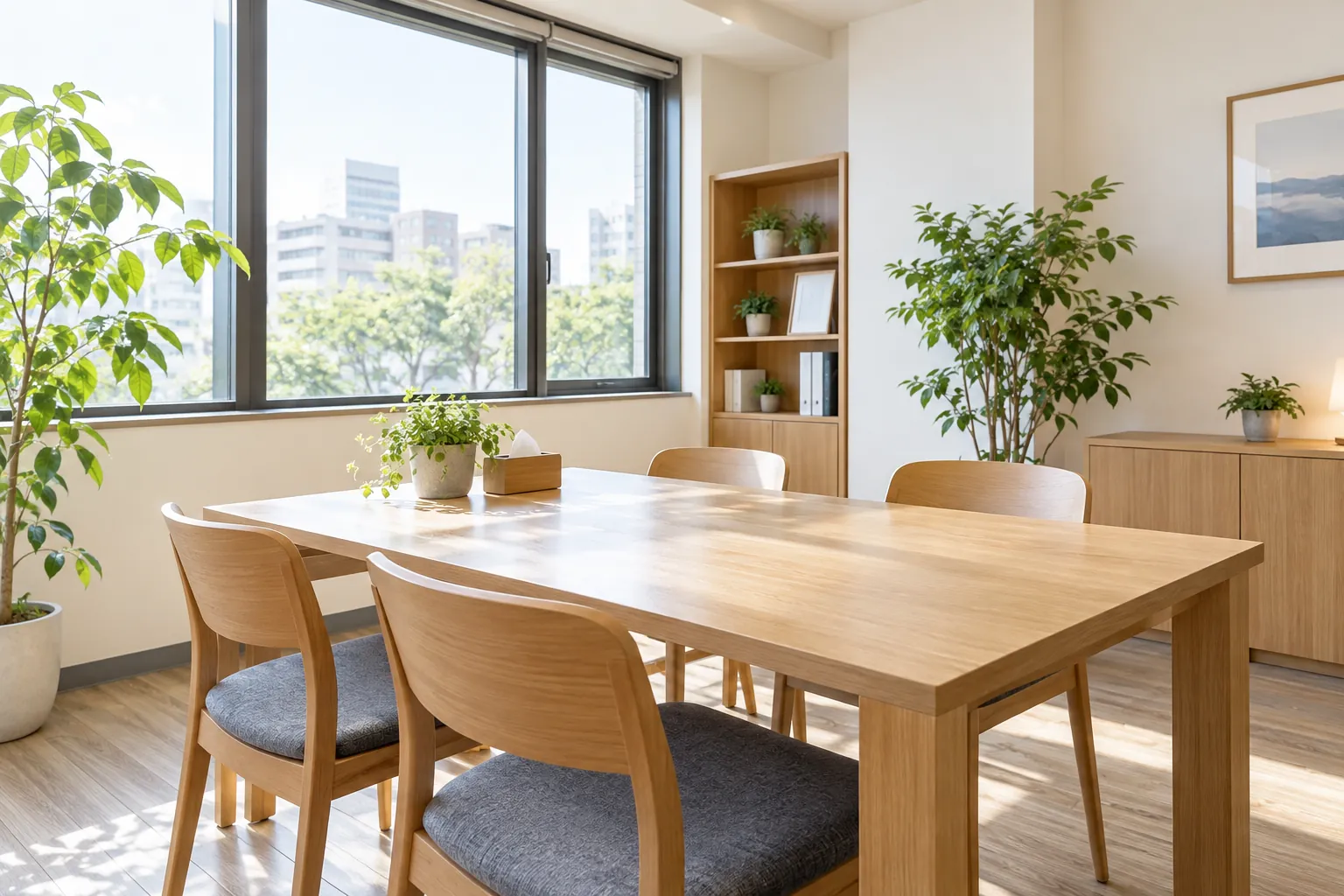 木のテーブルと観葉植物のある打ち合わせスペース