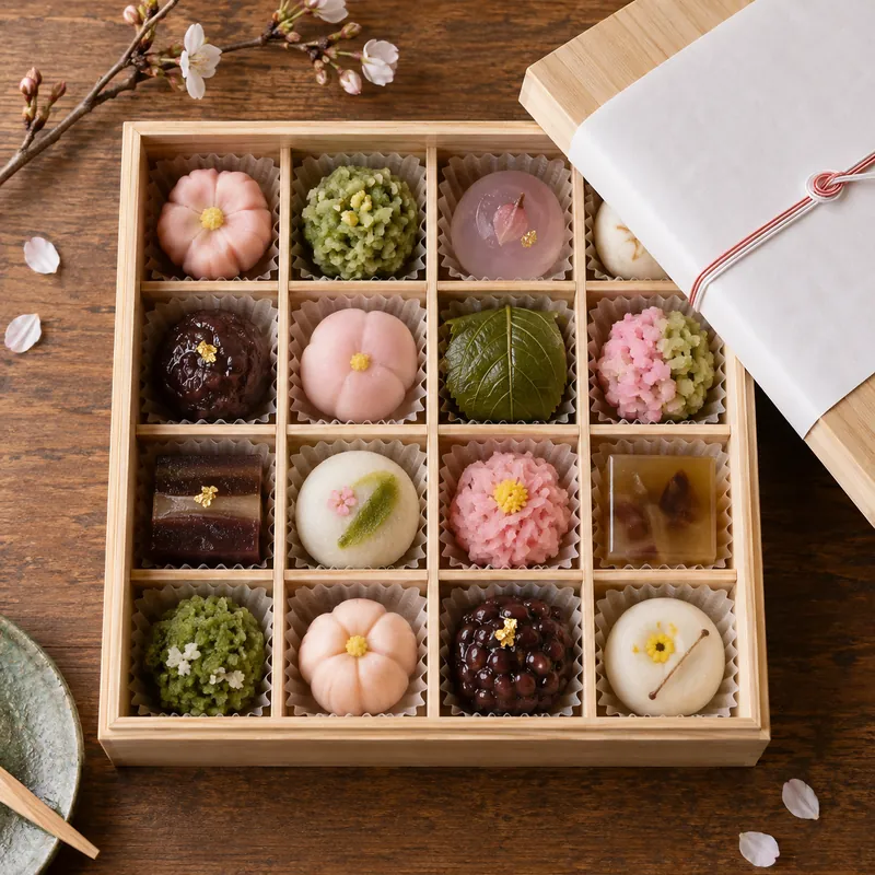 木箱に詰め合わせた和菓子