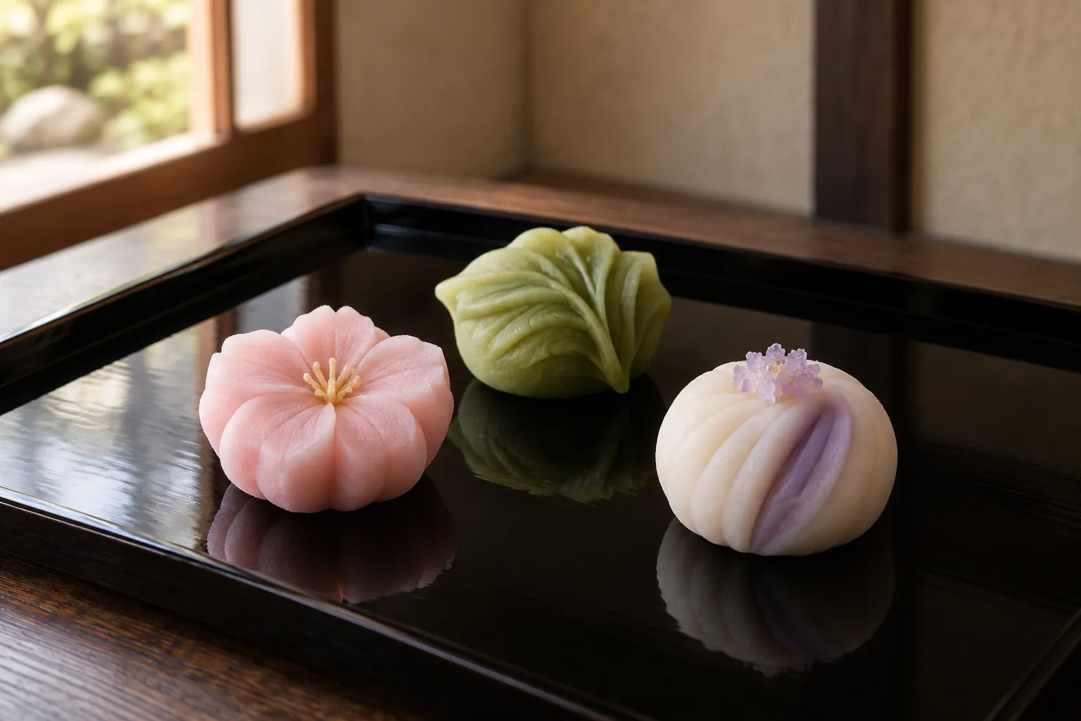 漆のお盆に並べた三種の上生菓子