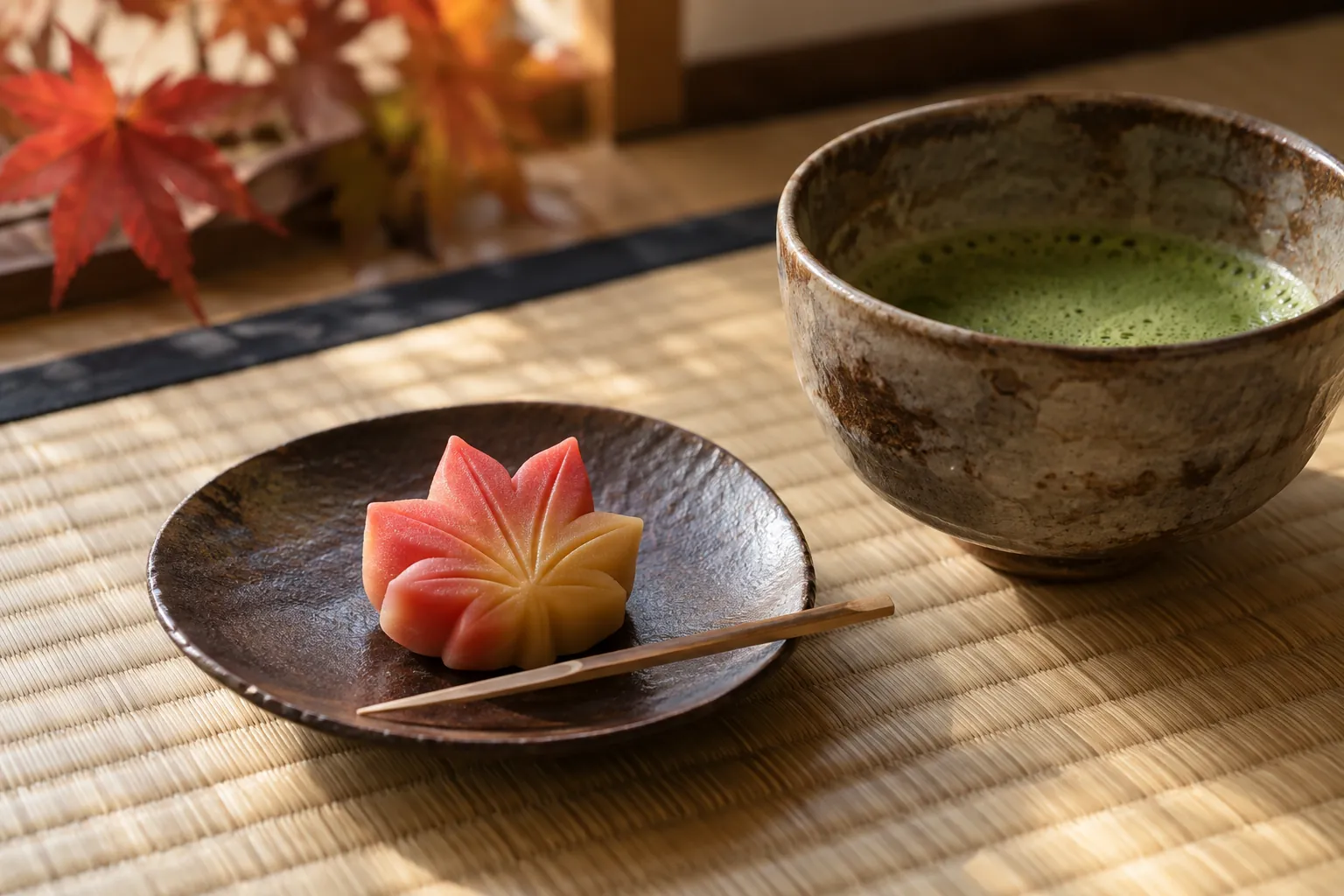 紅葉をかたどった練り切りと抹茶